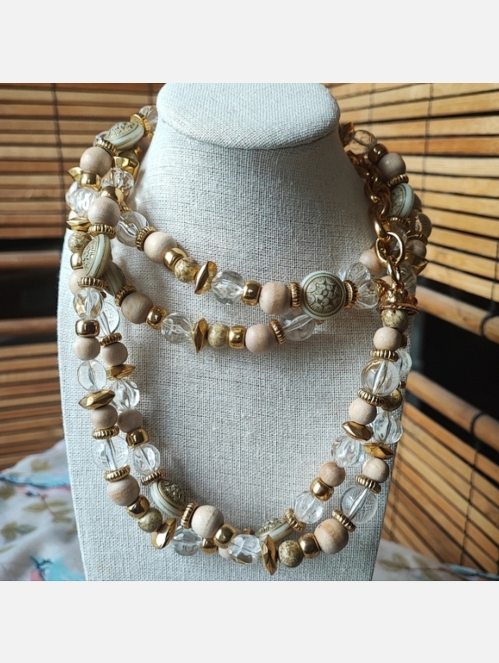 Limited Express Brand Wood Acrylic Lucite Long Gold Tone Dual Strand Necklace